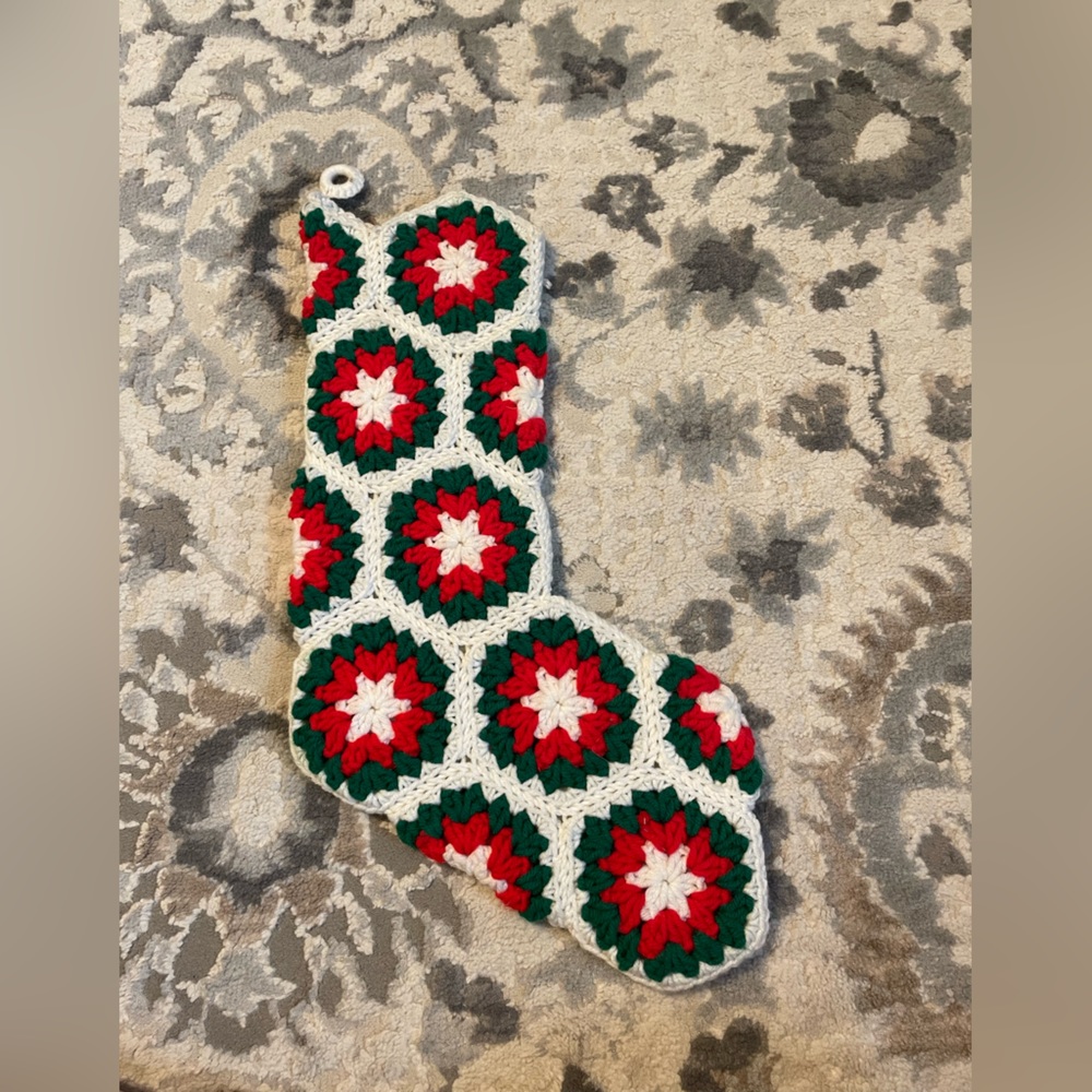 Vintage Crochet Christmas Stocking white, red and blue